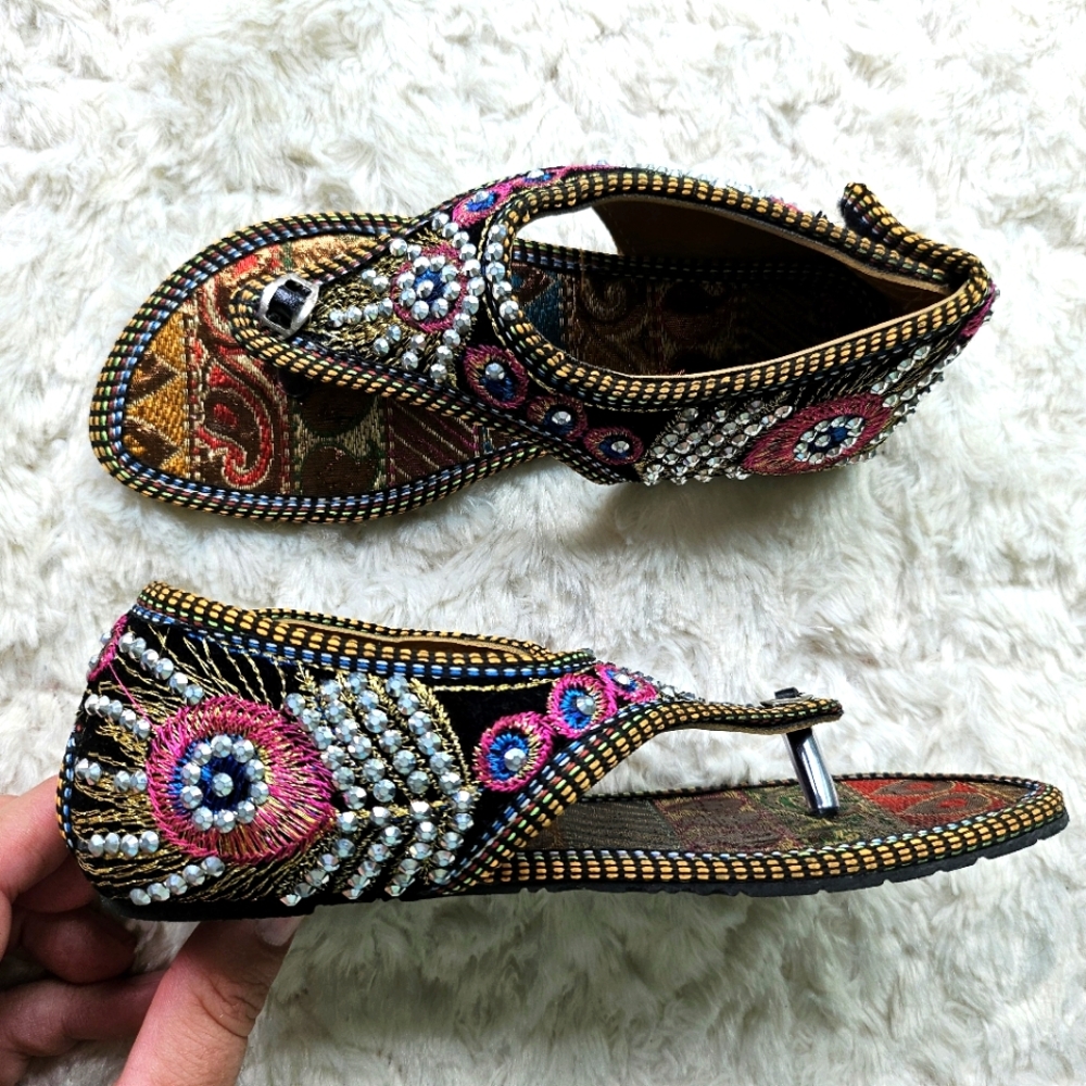 Indian Jutti/Mojari Hand Embroidered Girls Shoes, Size 11, Bronze Multicolor